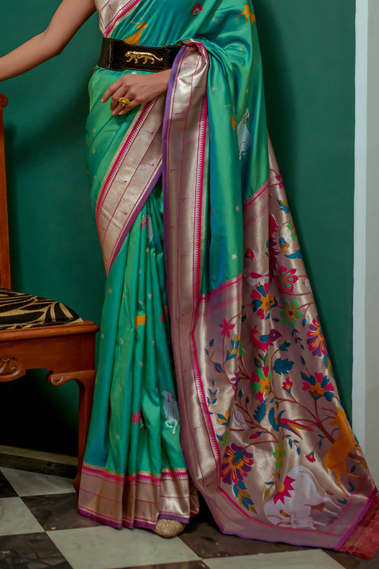 Sea Green Paithani Silk Saree With Blouse Piece