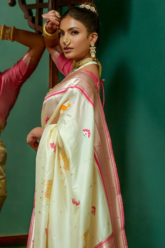 Cream Paithani Silk Saree With Blouse Piece
