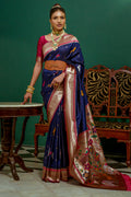 Navy Blue Paithani Silk Saree With Blouse Piece