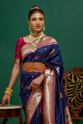 Navy Blue Paithani Silk Saree With Blouse Piece