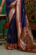 Navy Blue Paithani Silk Saree With Blouse Piece