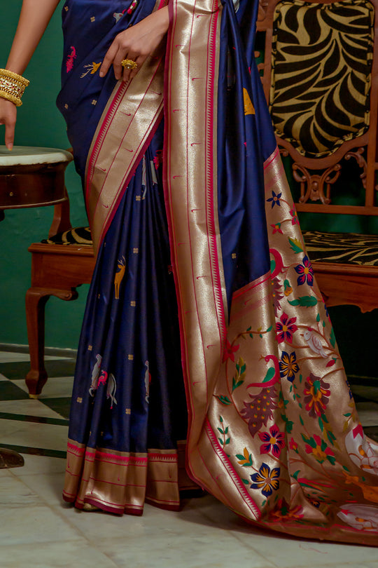 Navy Blue Paithani Silk Saree With Blouse Piece