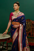 Navy Blue Paithani Silk Saree With Blouse Piece