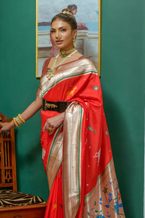 Red Paithani Silk Saree With Blouse Piece