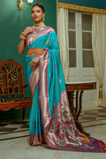 Teal Paithani Silk Saree With Blouse Piece