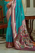 Teal Paithani Silk Saree With Blouse Piece