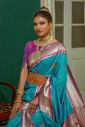 Teal Paithani Silk Saree With Blouse Piece