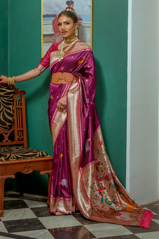 Wine Paithani Silk Saree With Blouse Piece