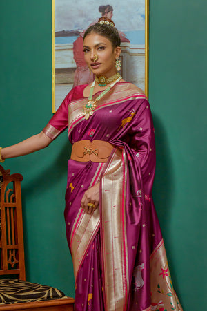 Wine Paithani Silk Saree With Blouse Piece
