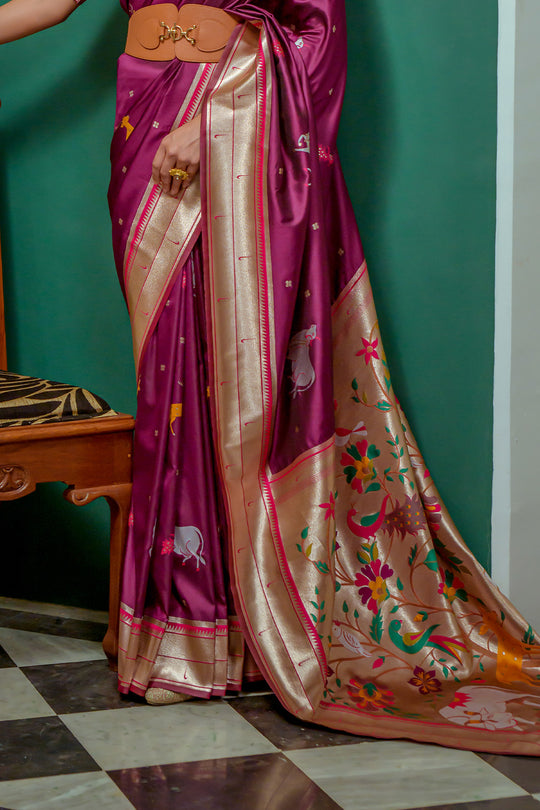 Wine Paithani Silk Saree With Blouse Piece