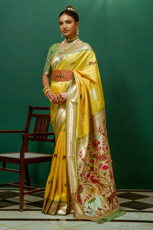 Yellow Paithani Silk Saree With Blouse Piece