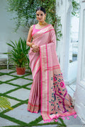 Pink Kanjeevaram Silk Blend Saree With Blouse Piece