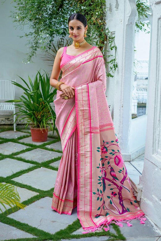 Pink Kanjivaram Silk Blend Saree With Blouse Piece