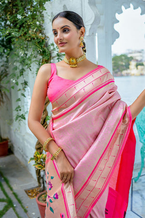 Pink Kanjeevaram Silk Blend Saree With Blouse Piece