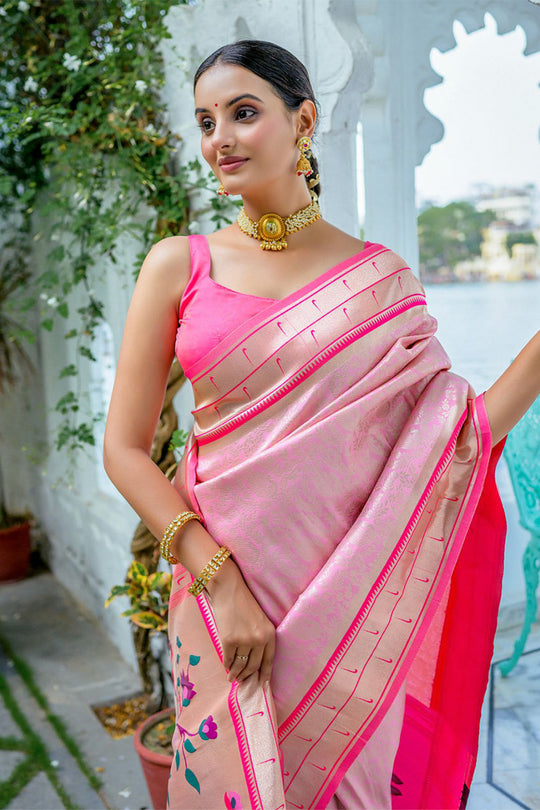 Pink Kanjivaram Silk Blend Saree With Blouse Piece
