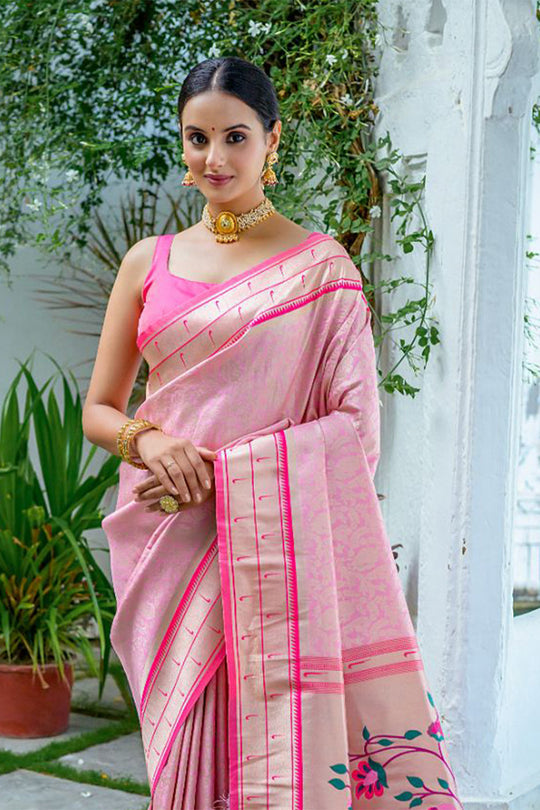 Pink Kanjivaram Silk Blend Saree With Blouse Piece