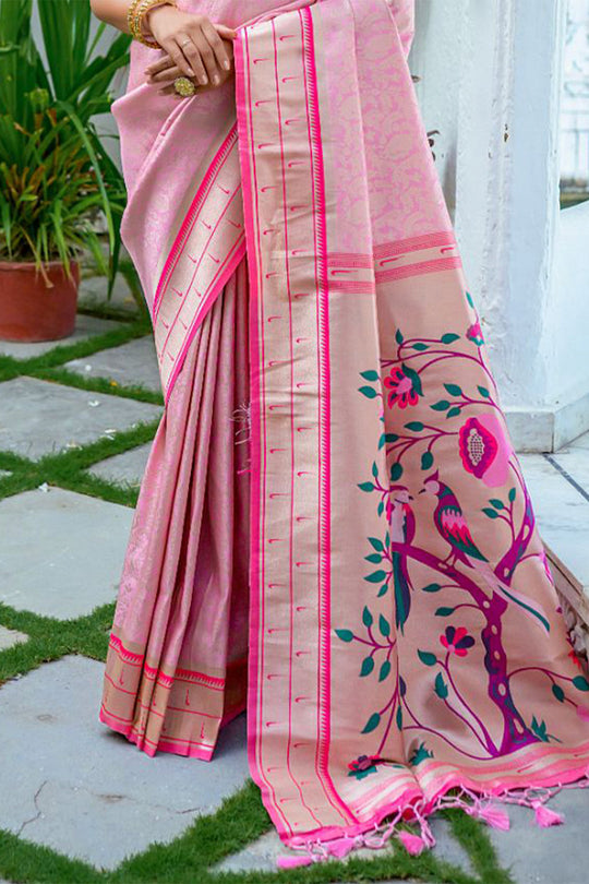 Pink Kanjivaram Silk Blend Saree With Blouse Piece