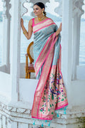 Teal Kanjeevaram Silk Blend Saree With Blouse Piece