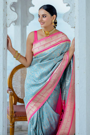 Teal Kanjeevaram Silk Blend Saree With Blouse Piece