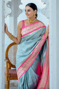 Teal Kanjeevaram Silk Blend Saree With Blouse Piece