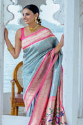 Teal Kanjeevaram Silk Blend Saree With Blouse Piece