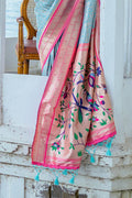 Teal Kanjeevaram Silk Blend Saree With Blouse Piece