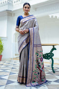 Grey Kanjeevaram Silk Blend Saree With Blouse Piece