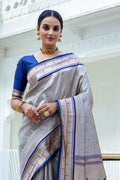 Grey Kanjeevaram Silk Blend Saree With Blouse Piece