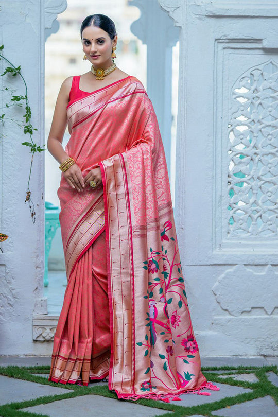 Peach Kanjivaram Silk Blend Saree With Blouse Piece