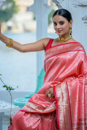 Peach Kanjivaram Silk Blend Saree With Blouse Piece