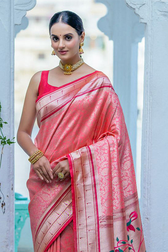 Peach Kanjivaram Silk Blend Saree With Blouse Piece