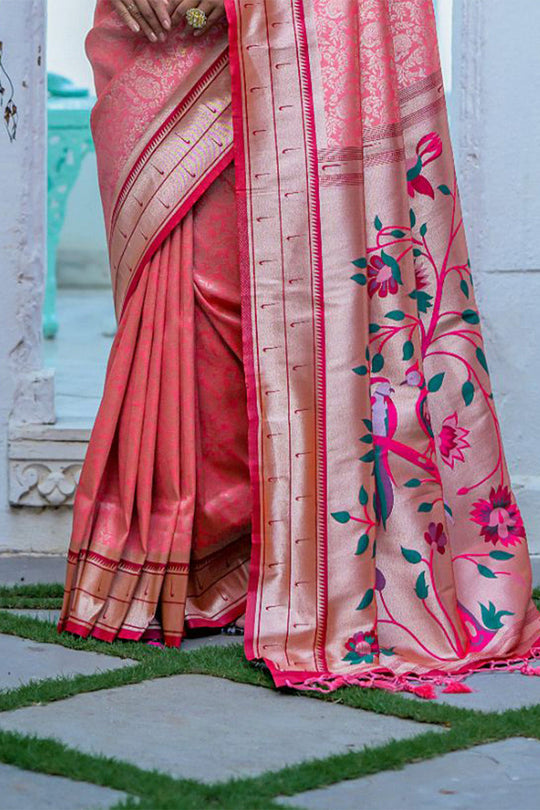 Peach Kanjivaram Silk Blend Saree With Blouse Piece
