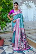 Teal Kanjeevaram Silk Blend Saree With Blouse Piece