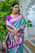 Teal Kanjeevaram Silk Blend Saree With Blouse Piece