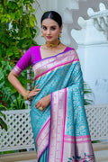 Teal Kanjeevaram Silk Blend Saree With Blouse Piece