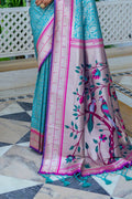 Teal Kanjeevaram Silk Blend Saree With Blouse Piece