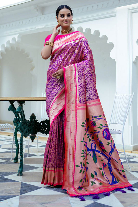 Violet Kanjivaram Silk Blend Saree With Blouse Piece