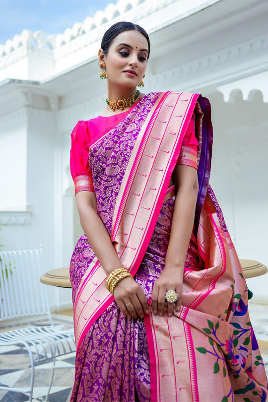 Violet Kanjivaram Silk Blend Saree With Blouse Piece