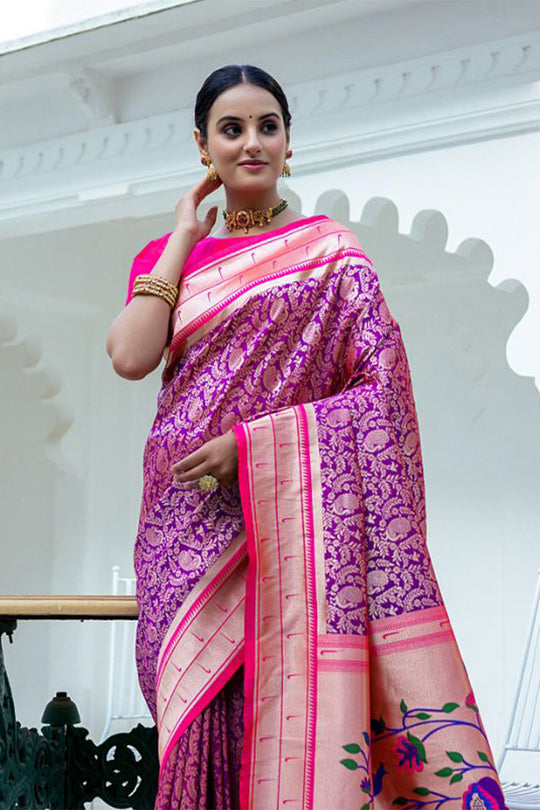 Violet Kanjivaram Silk Blend Saree With Blouse Piece