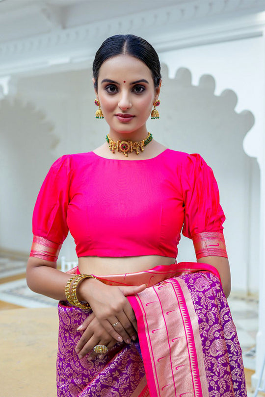 Violet Kanjivaram Silk Blend Saree With Blouse Piece