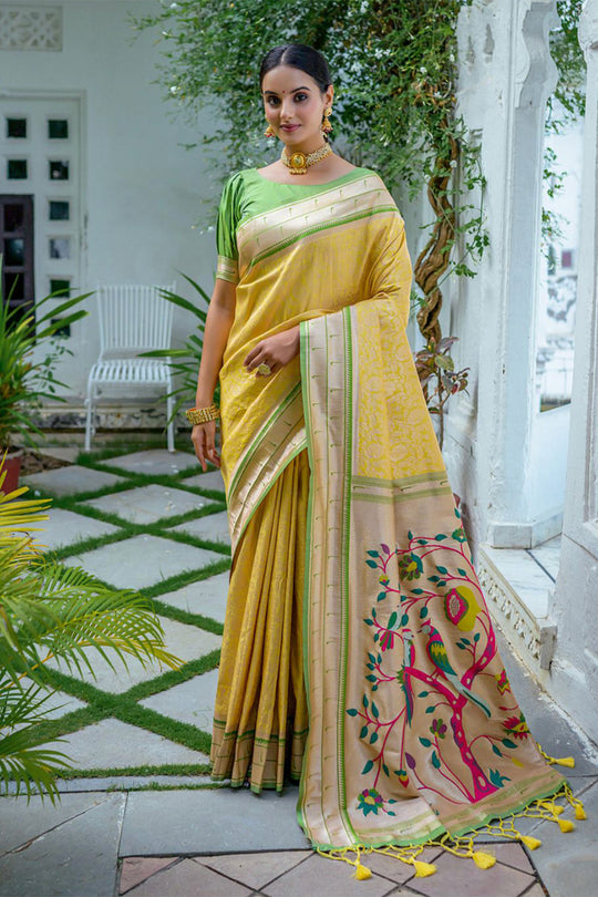 Yellow Kanjivaram Silk Blend Saree With Blouse Piece