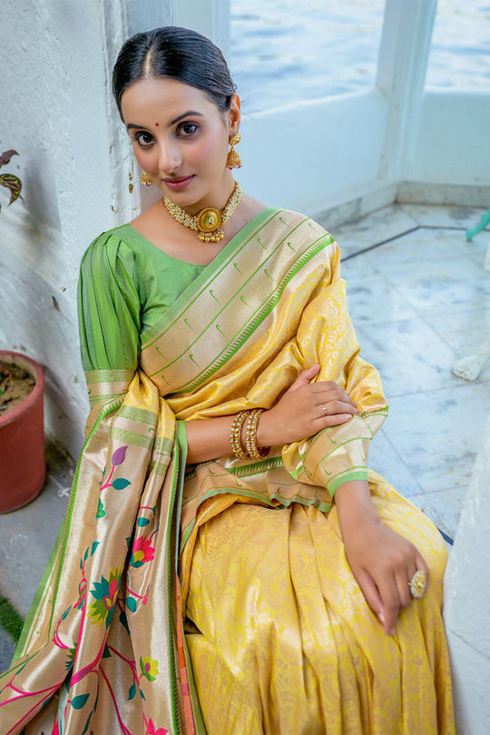 Yellow Kanjivaram Silk Blend Saree With Blouse Piece