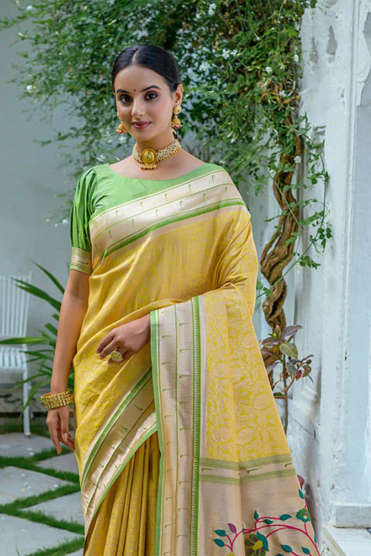 Yellow Kanjivaram Silk Blend Saree With Blouse Piece