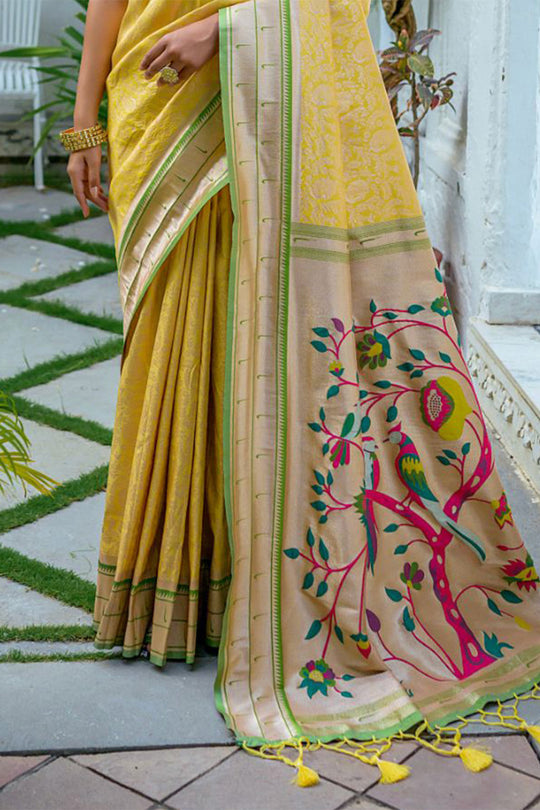 Yellow Kanjivaram Silk Blend Saree With Blouse Piece