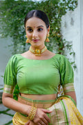 Yellow Kanjivaram Silk Blend Saree With Blouse Piece