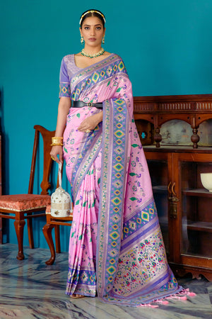 Baby Pink Paithani Silk Saree With Blouse Piece