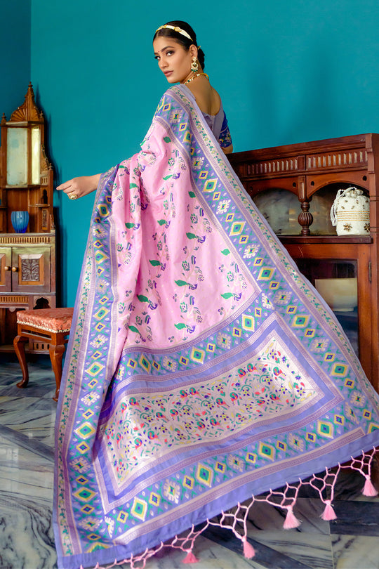 Baby Pink Paithani Silk Saree With Blouse Piece