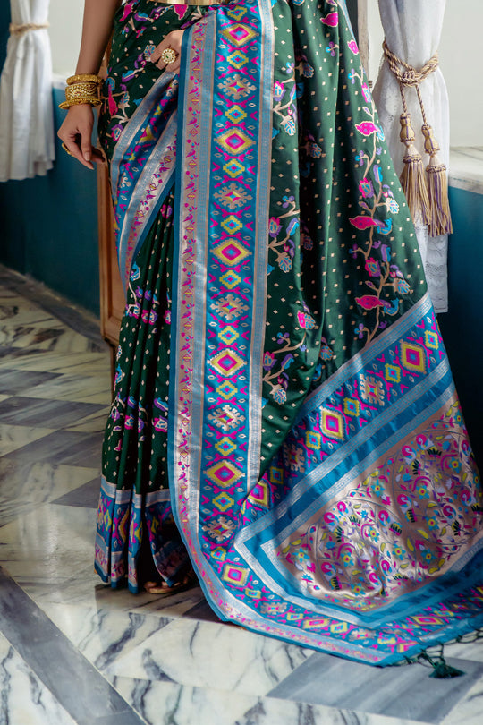Bottle Green Paithani Silk Saree With Blouse Piece