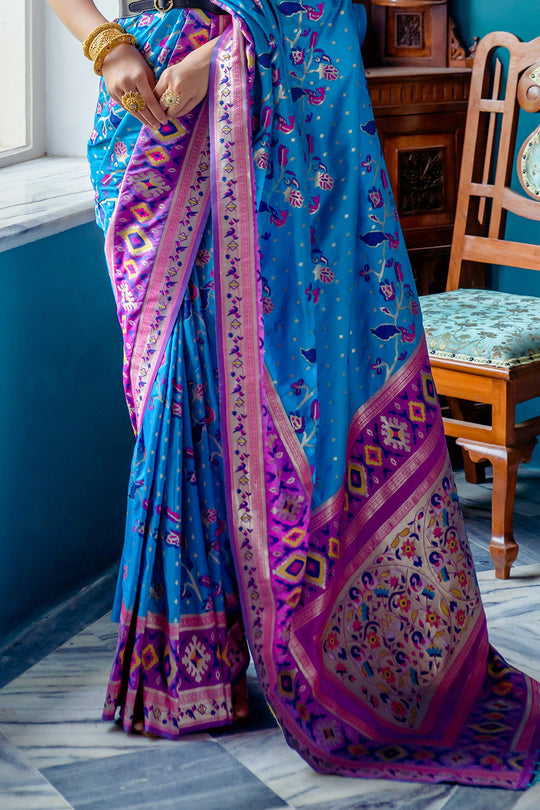 Blue Paithani Silk Saree With Blouse Piece