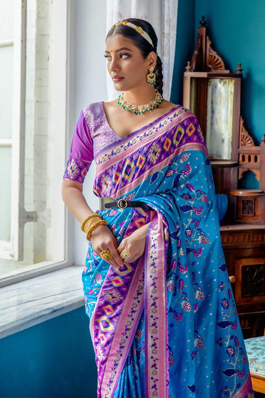 Blue Paithani Silk Saree With Blouse Piece